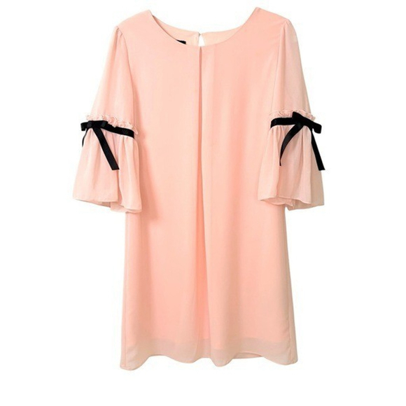 Y2K Ally B. Dainty Feminine Pink PolyChiffon Dress S Bow Bell Sleeve Fairy - Picture 2 of 10